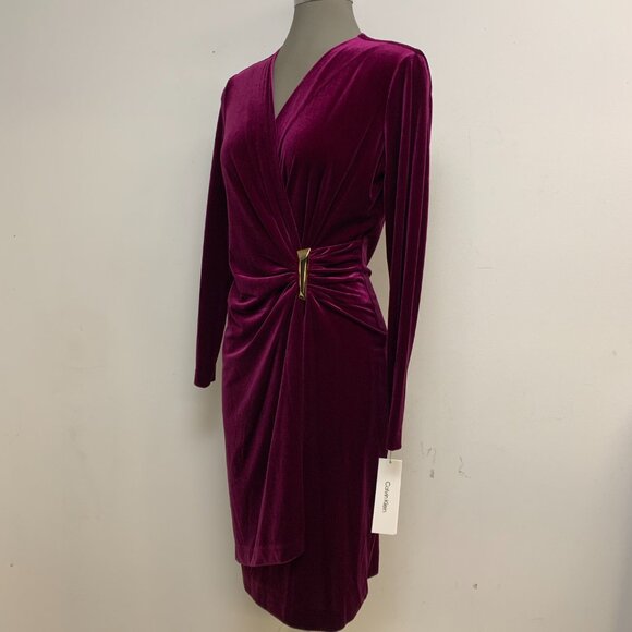NEW Calvin Klein Elegant Velvet Purple Faux Wrap EZ Fit Sheath Dress - Picture 2 of 6